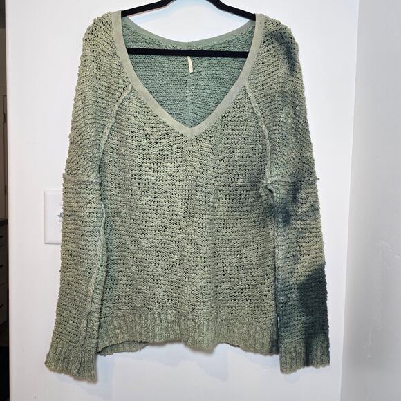 Free People Open Knit Sweater Size S Sage Green V-Neck Custom Handmade Hippie - Picture 1 of 9